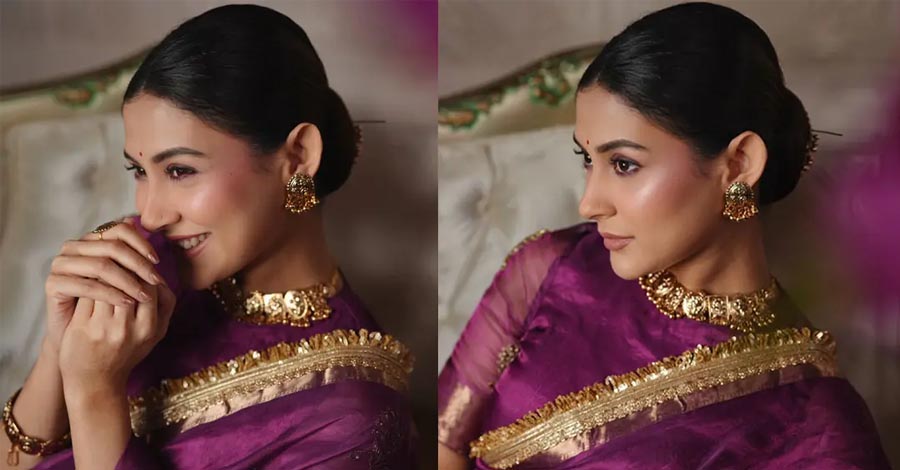 বেগুনি শাড়িতে মুগ্ধতা ছড়ালেন মেহজাবীন